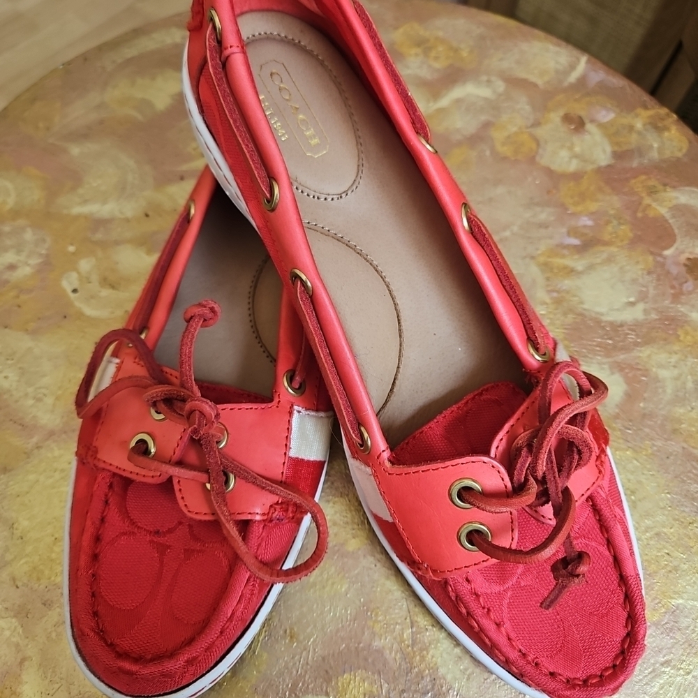 Coach Red Signature Canvas Boat Flats